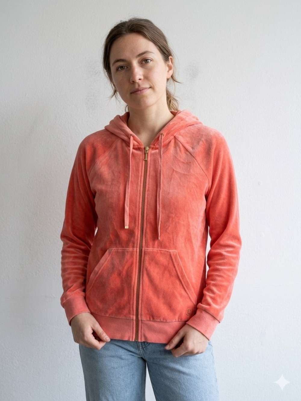 Juicy Couture Sz S Orange Velour Y2K Hooded Full Zip Sweater